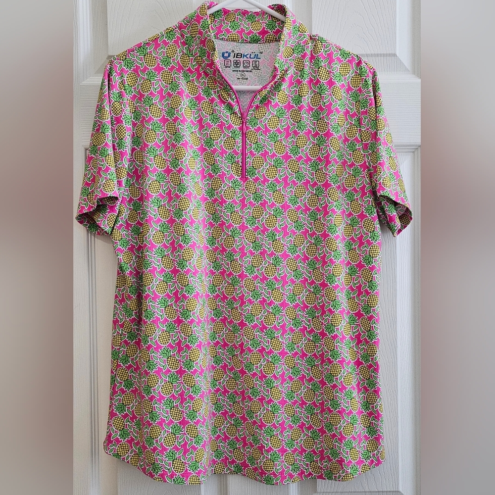 Ibkul XL Polo Top pink yellow pineapples short sleeves activeware golf tennis